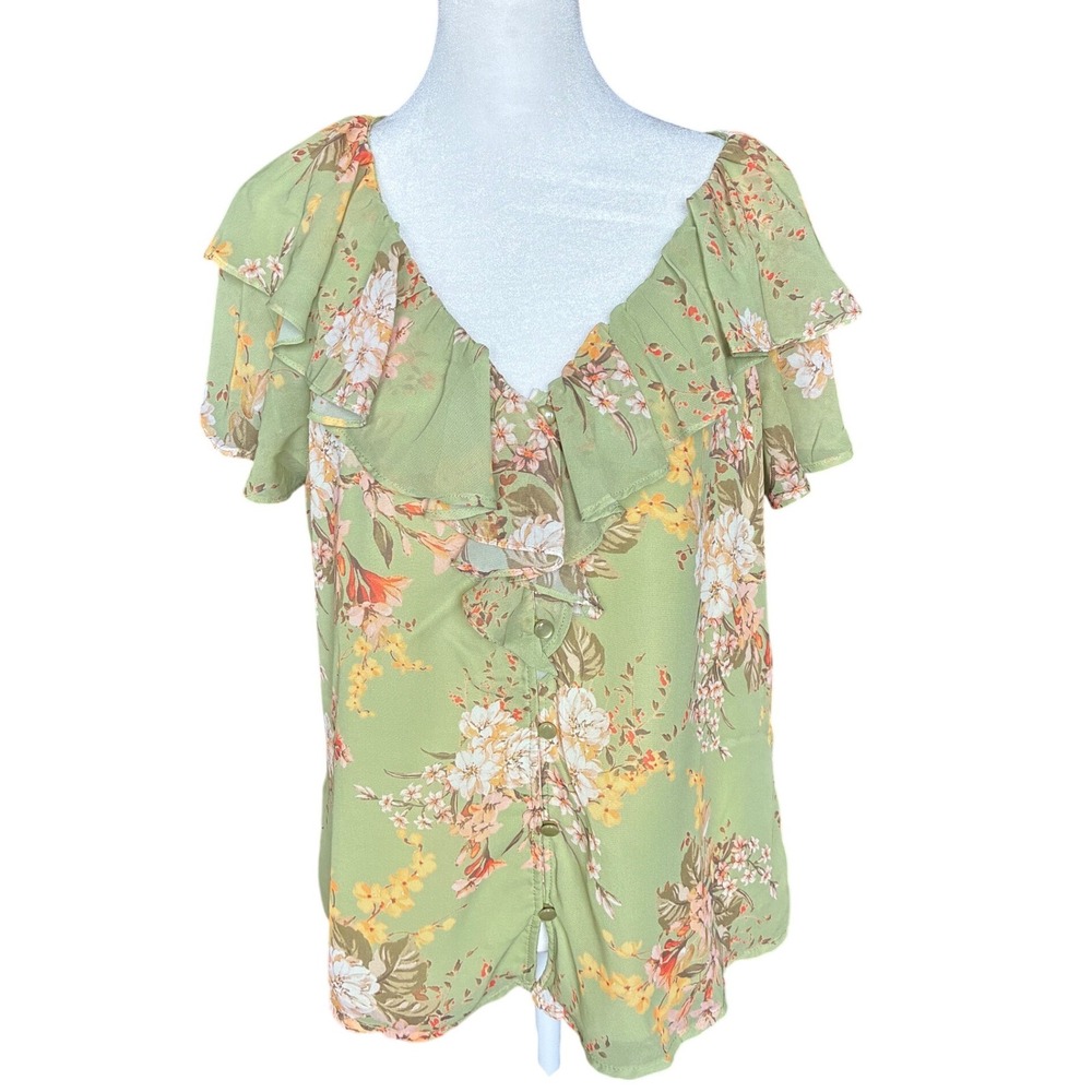Adrienne Vittadini Sage Green Floral Ruffle V-Neck Button Front Blouse Large